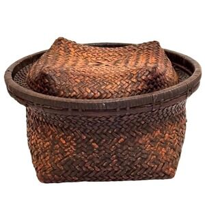 Vintage Southeast Asian Handwoven Basket – Smoke Patina, Herringbone Weave